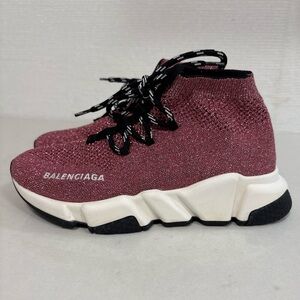 BALENCIAGA Speed Trainer Pink Glitter Lace Up Knit Sock Sneakers Women's 35 US 5